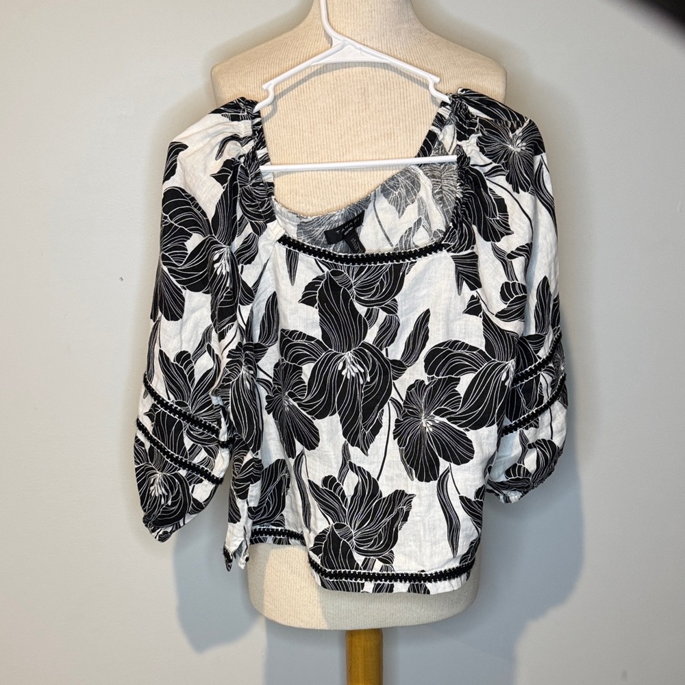 Tahari Black and White Floral Blouse 100% linen farm rio vibes
